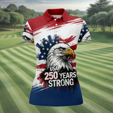 USA 250 Years Strong Bald Eagle American Flag Golf Shirt, Patriotic 4th Of July Golf Shirt For Women