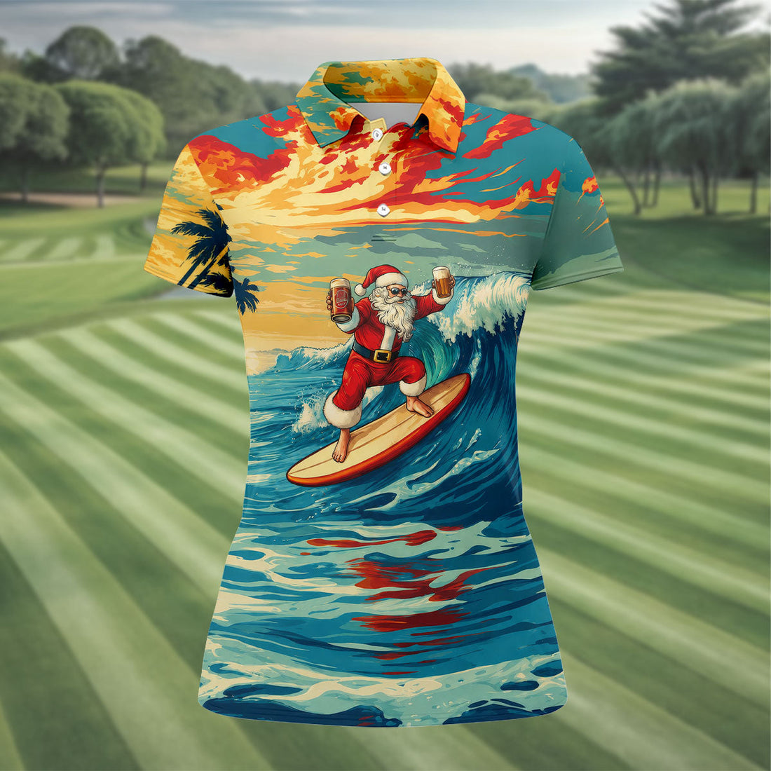 Tropical Surfing Santa Sunset Christmas Golf Shirt, Women's Golf Tops, Hawaiian Golf Shirt