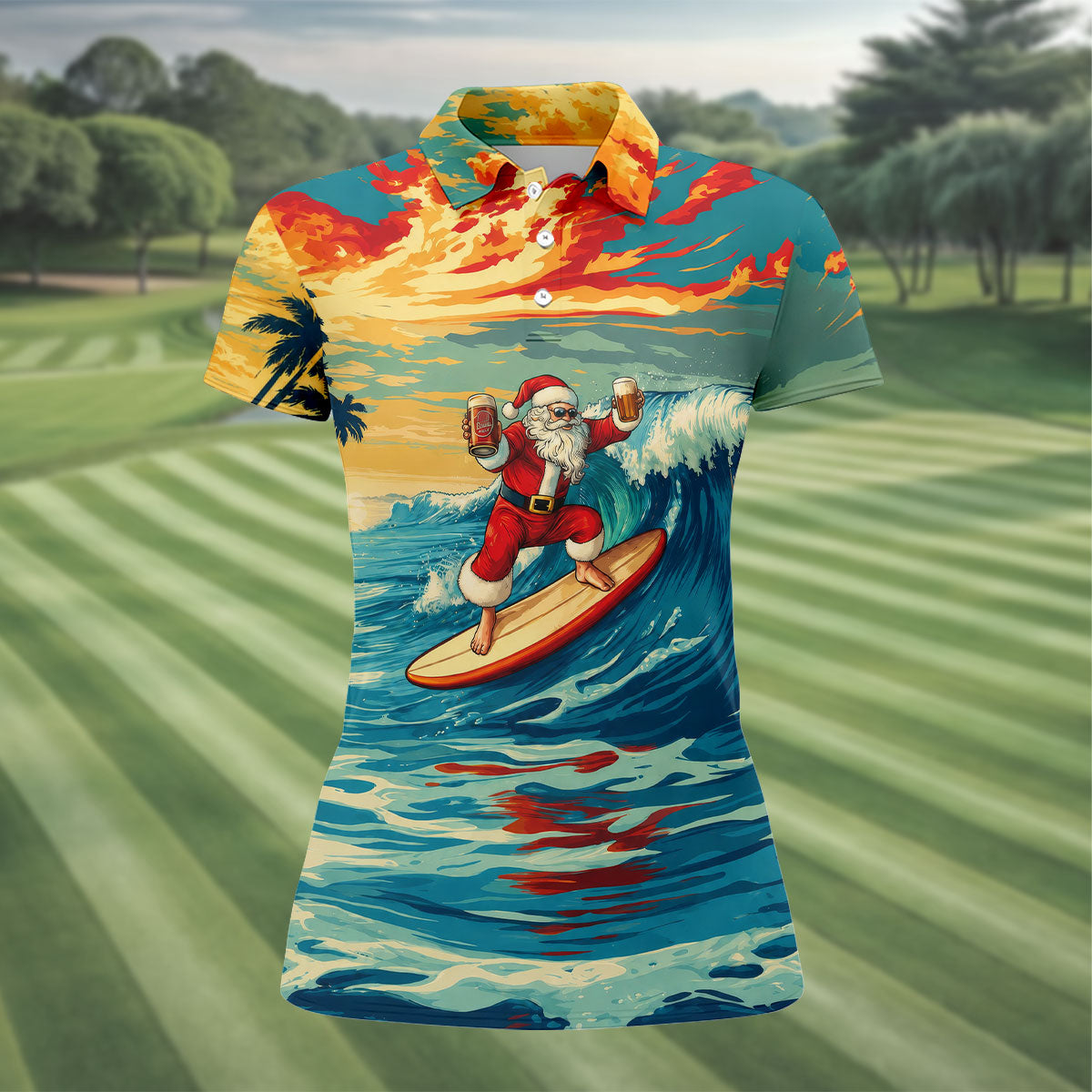 Tropical Surfing Santa Sunset Christmas Golf Shirt, Women's Golf Tops, Hawaiian Golf Shirt