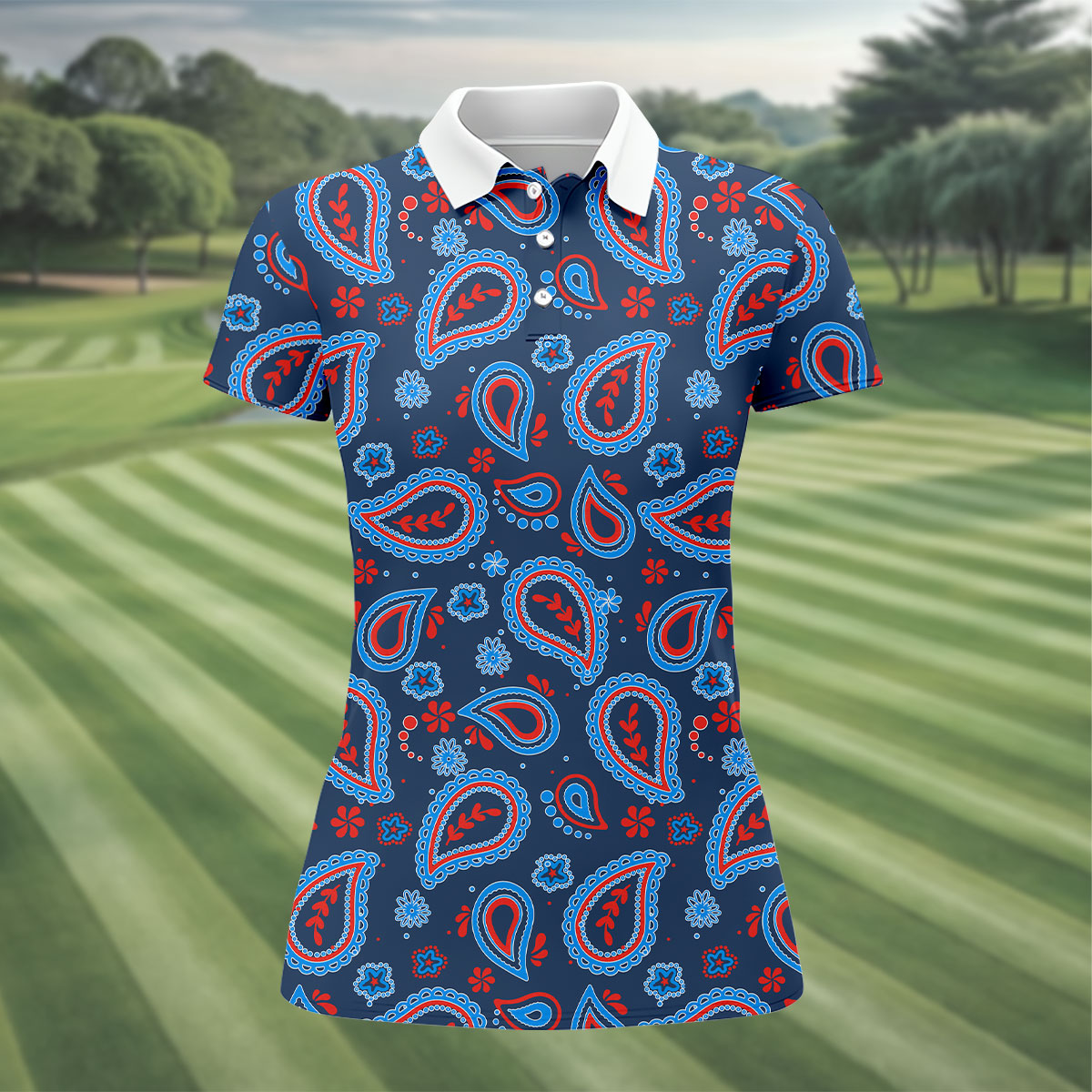 Blue Red Paisley Pattern Golf Polo Shirt, Women's Golf Polo, Golf Shirts For Women