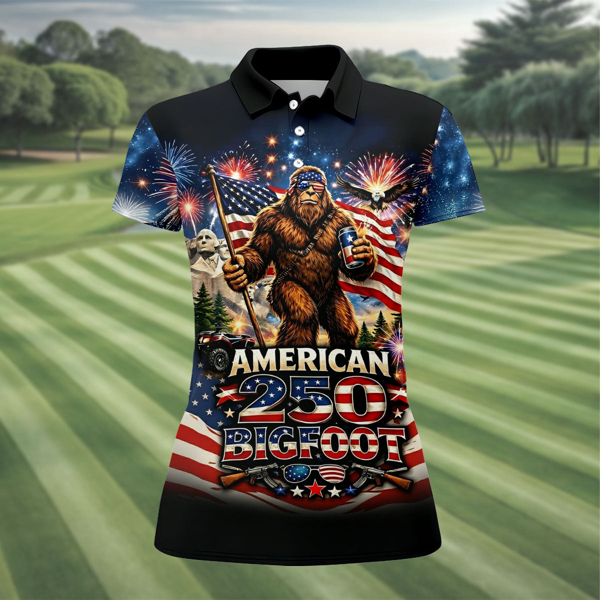 American 250 US Flag Pattern Bigfoot Golf Shirt, Patriotic 4th Of July Golf Shirt For Women