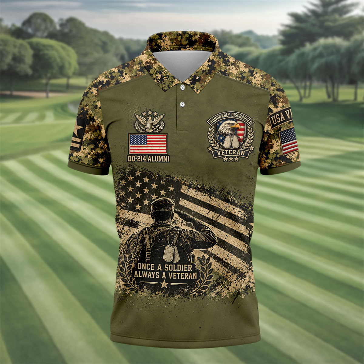 DD-214 Soldier Flag Camo Golf Polo Shirt, Mens Golf Apparel, Veterans Day Golf Shirt