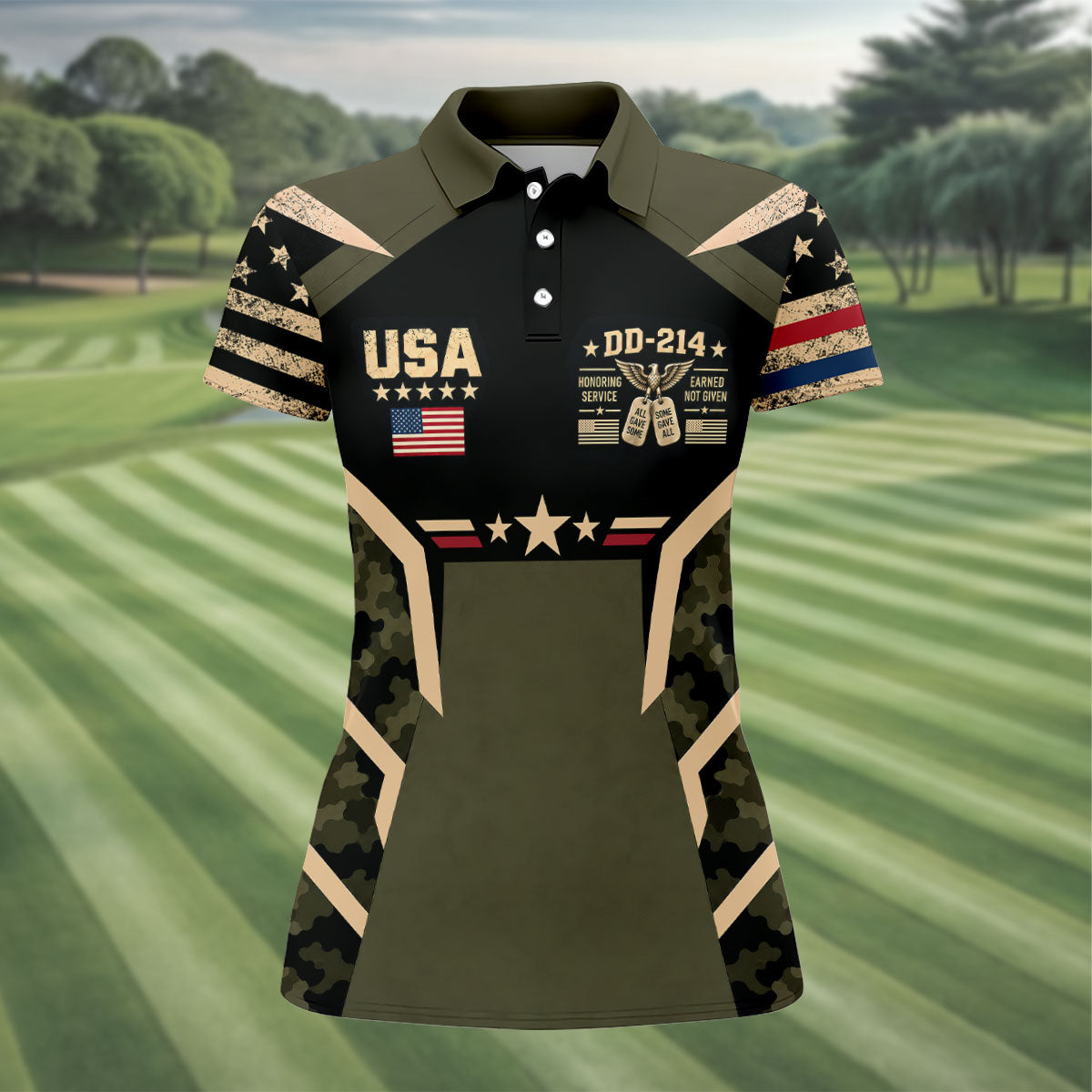 DD-214 USA Stars Camo Golf Polo Shirt, Womens Golf Shirts, Veterans Day Golf Shirt