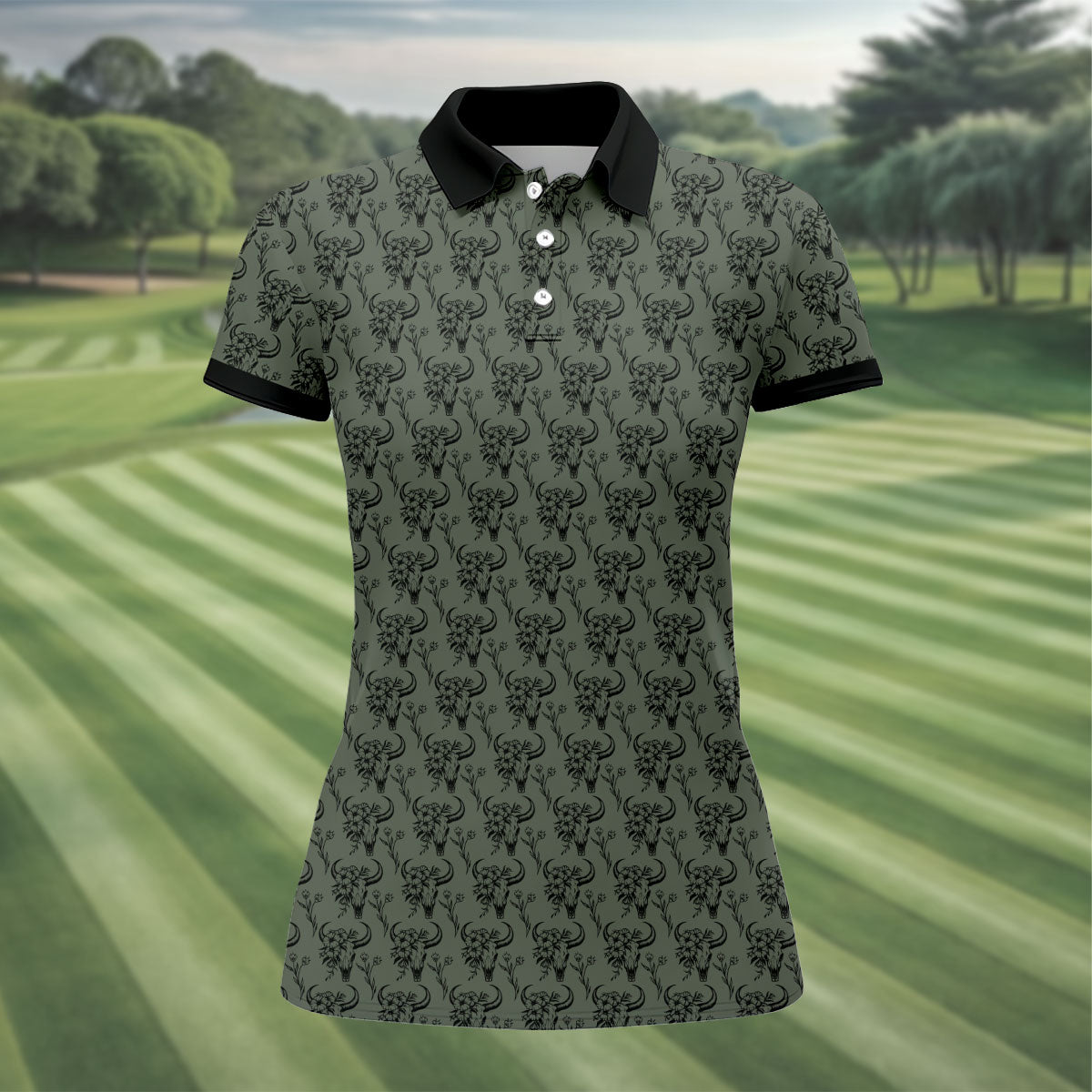 Cow Skull With Flowers Western Theme Forest Green Women Golf Top, Ladies Golf Shirts, Golf Shirt For Women