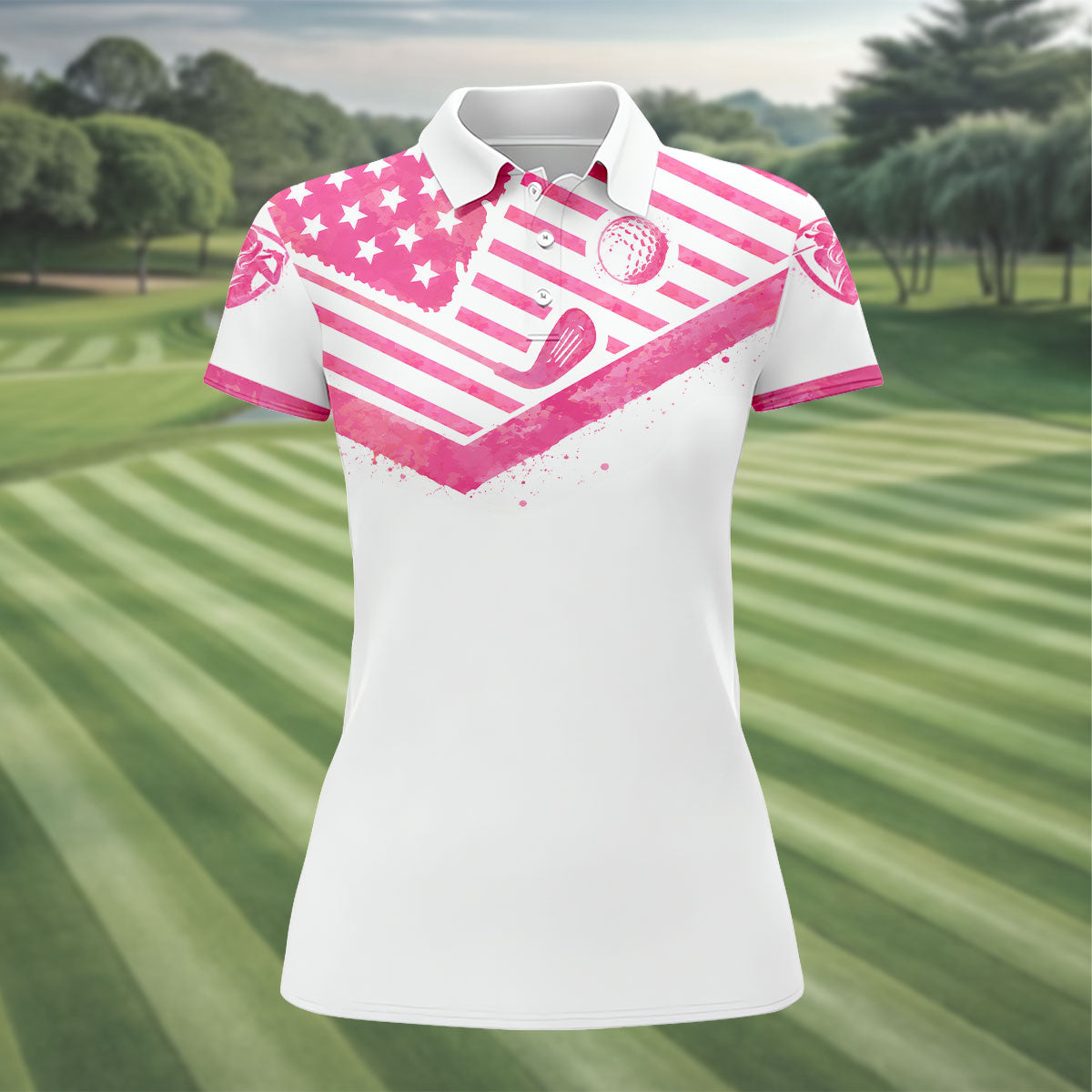 Swing For A Cure Pink Flag Breast Cancer Polo Shirt, Women’s Golf Polo, Ladies Golf Shirts