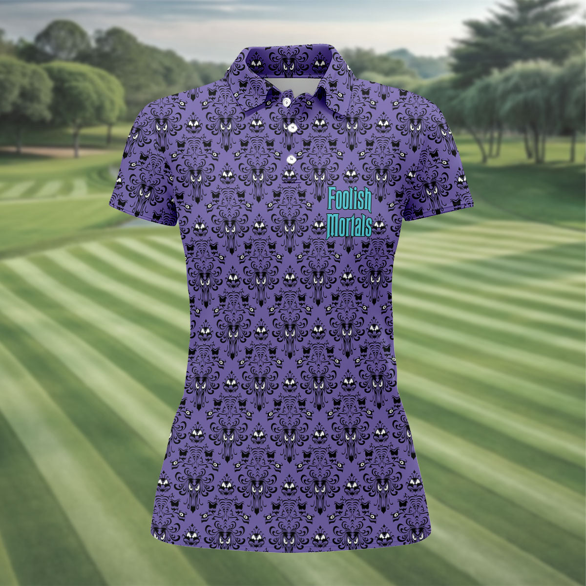 Foolish Mortals Haunted Pattern Golf Polo Shirt, Women's Halloween Shirt, Womens Golf Tops