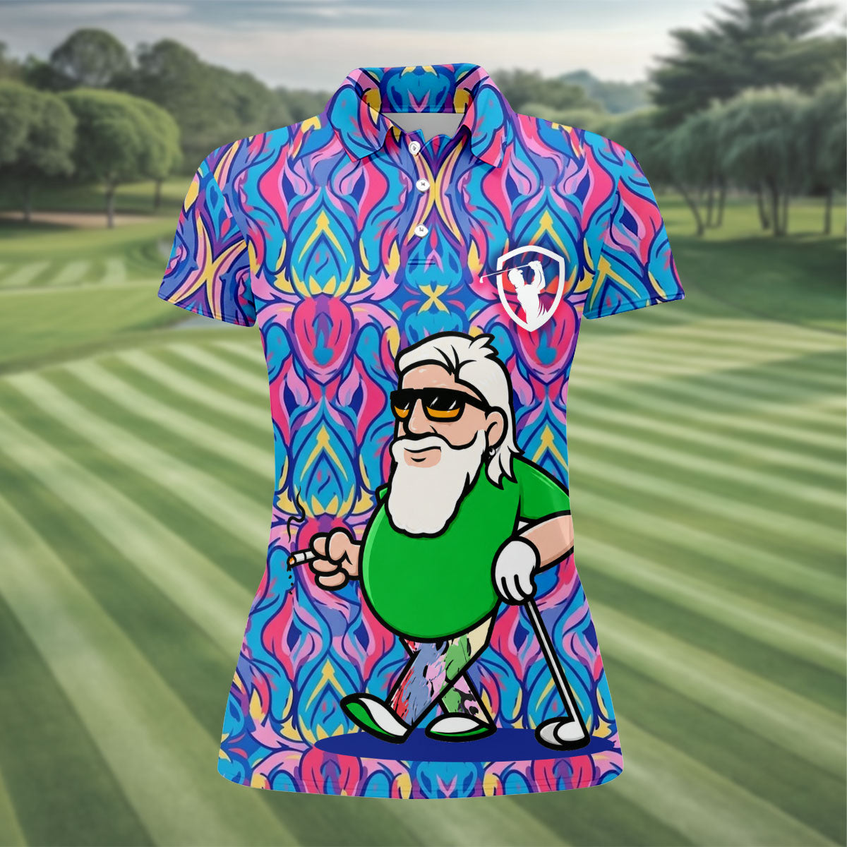Colorful Psychedelic Santa Golfer Print Women's Golf Tops, Women’s Golf Apparel, Golf Polo For Women