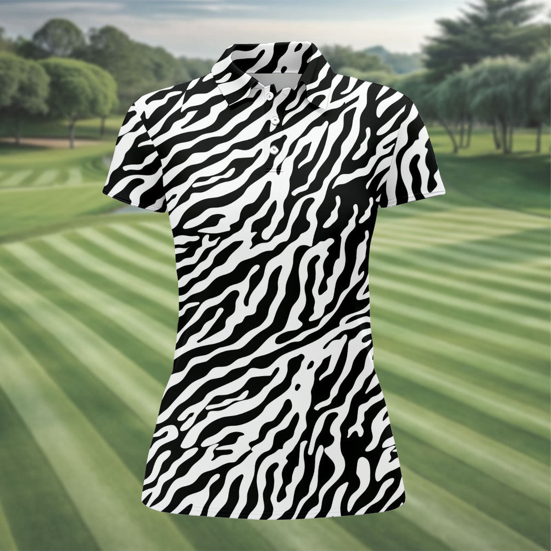 Zebra Print Golf Shirt, Black White Animal Pattern 's Golf Polo, Polo Shirts For Women