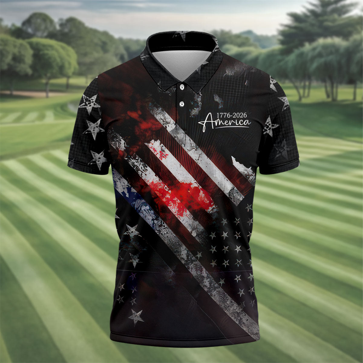 1776-2026 America Distressed Flag Black Golf Shirt, Patriotic 4th Of July Golf Shirts For Men