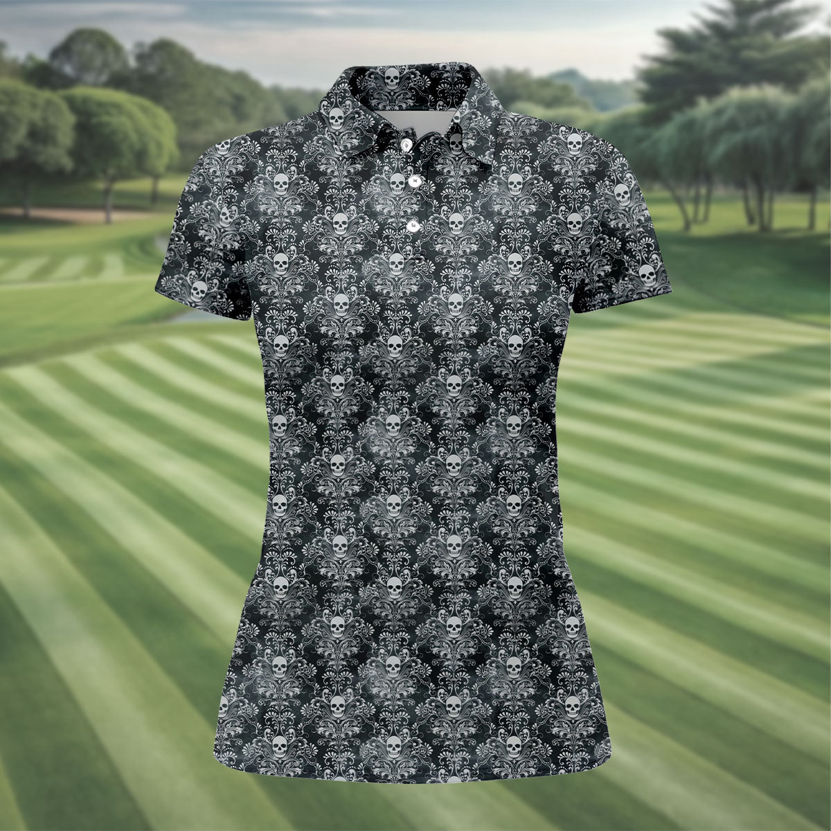 Skull Damask Charcoal Grey Gothic Floral Women Golf Top, Ladies Golf Shirts, Golf Shirt For Women