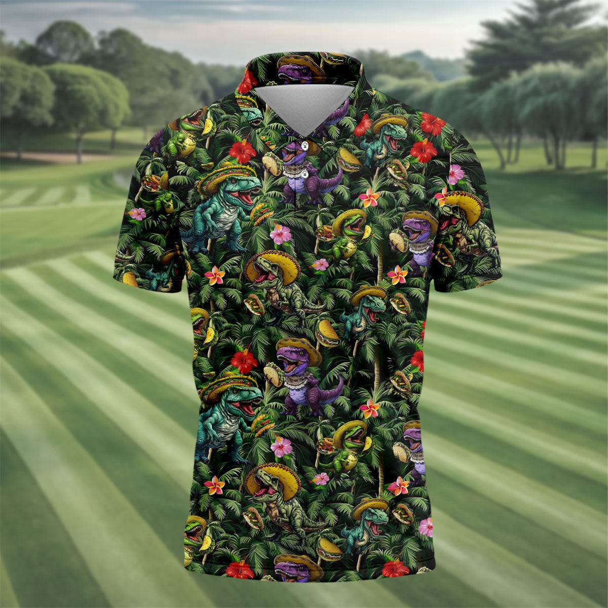 Hawaiian Dinosaur Sombreros Tacos Cinco De Mayo Celebration Fiesta Themed Golf Shirts For Men
