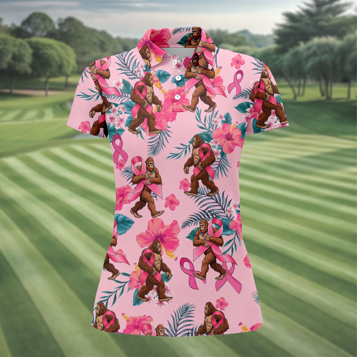 Bigfoot Pink Ribbon Floral Breast Cancer Polo Shirt, Women’s Golf Polo, Ladies Golf Top