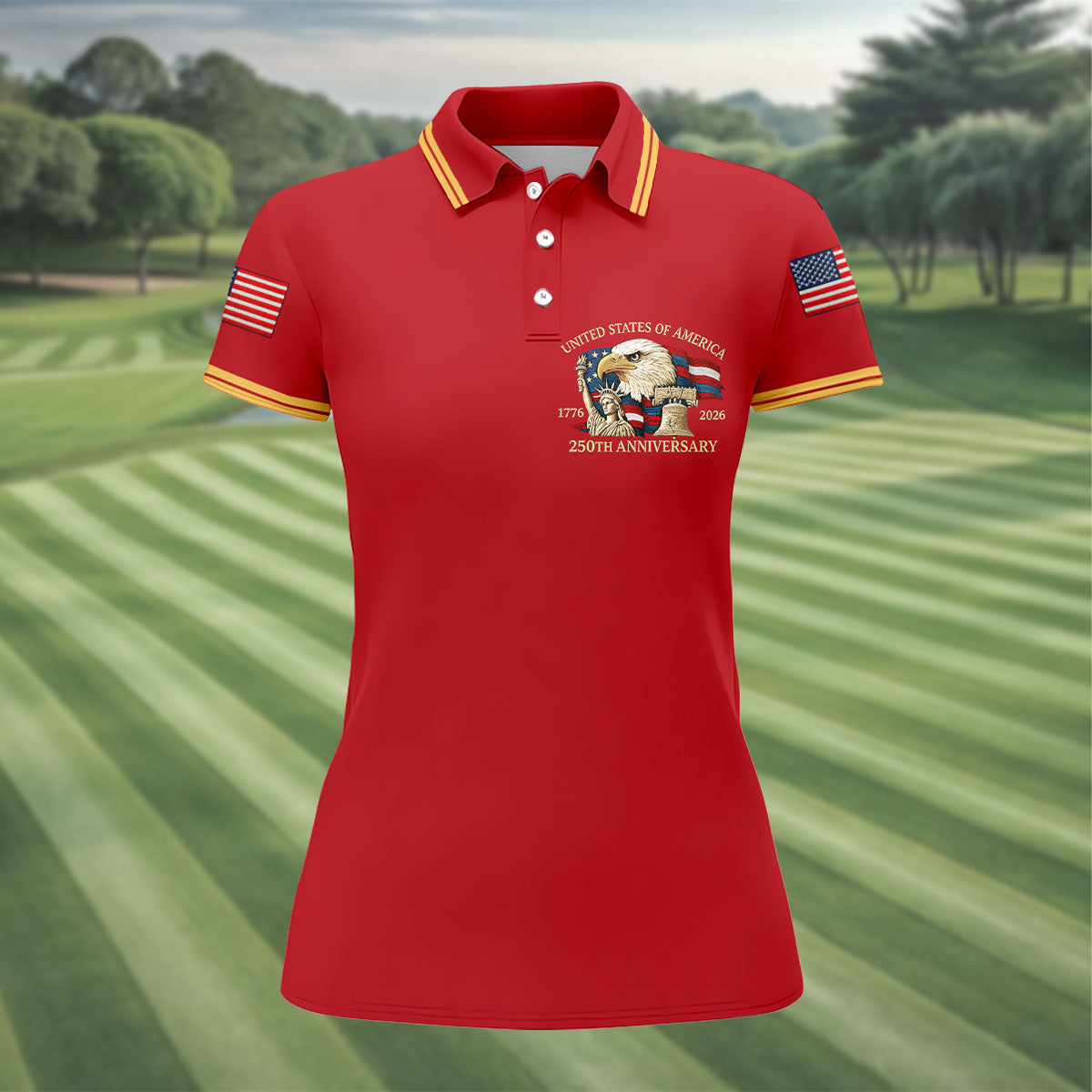 Bald Eagle American Flag 250 Years Red Golf Shirt, Patriotic 4th Of July Golf Shirt For Women