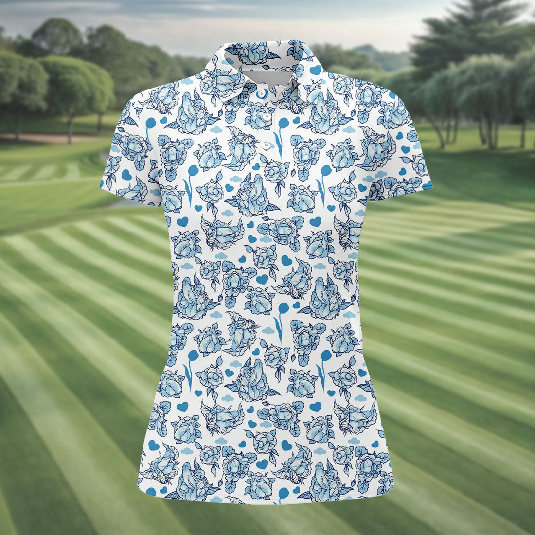 Blue Rose Floral Heart Pattern Golf Shirt, Women's Golf Tops, Golf Polo For Women