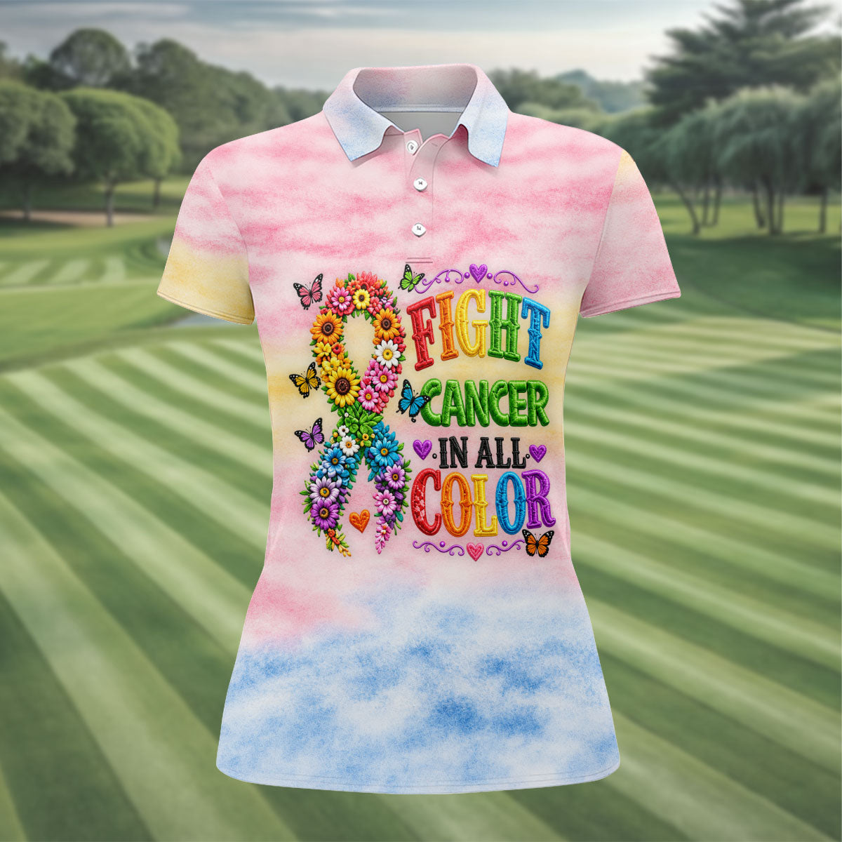 Fight Cancer In All Color Floral Ribbon Polo Shirt, Ladies Golf Shirt, Womens Golf Tops