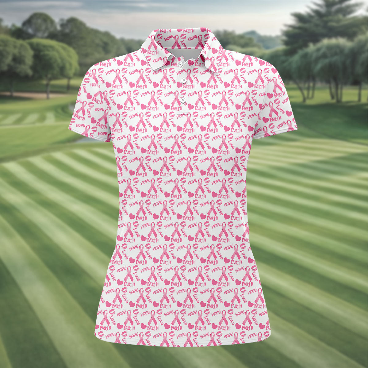 Hope Love Faith Pink Ribbon Breast Cancer Golf Shirt, Women’s Golf Polo, Ladies Golf Top
