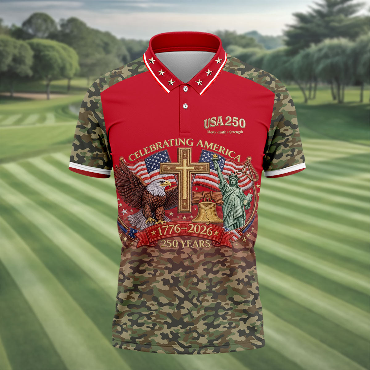 Liberty Faith Strength Faith Cross USA 250 Red Camo Golf Shirt, 4th Of July Golf Shirts For Men