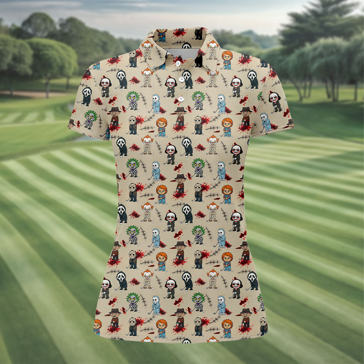 Cute Horror Character Golf Pattern Polo Shirt, Womens Golf Polo, Ladies Golf Shirts