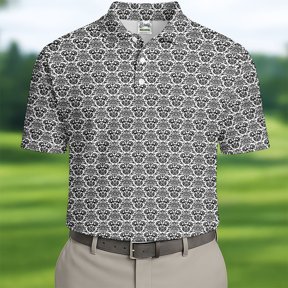 Vintage Monochrome Damask Golf Polo Shirt, Printed Golf Shirts, Mens Golf Shirts