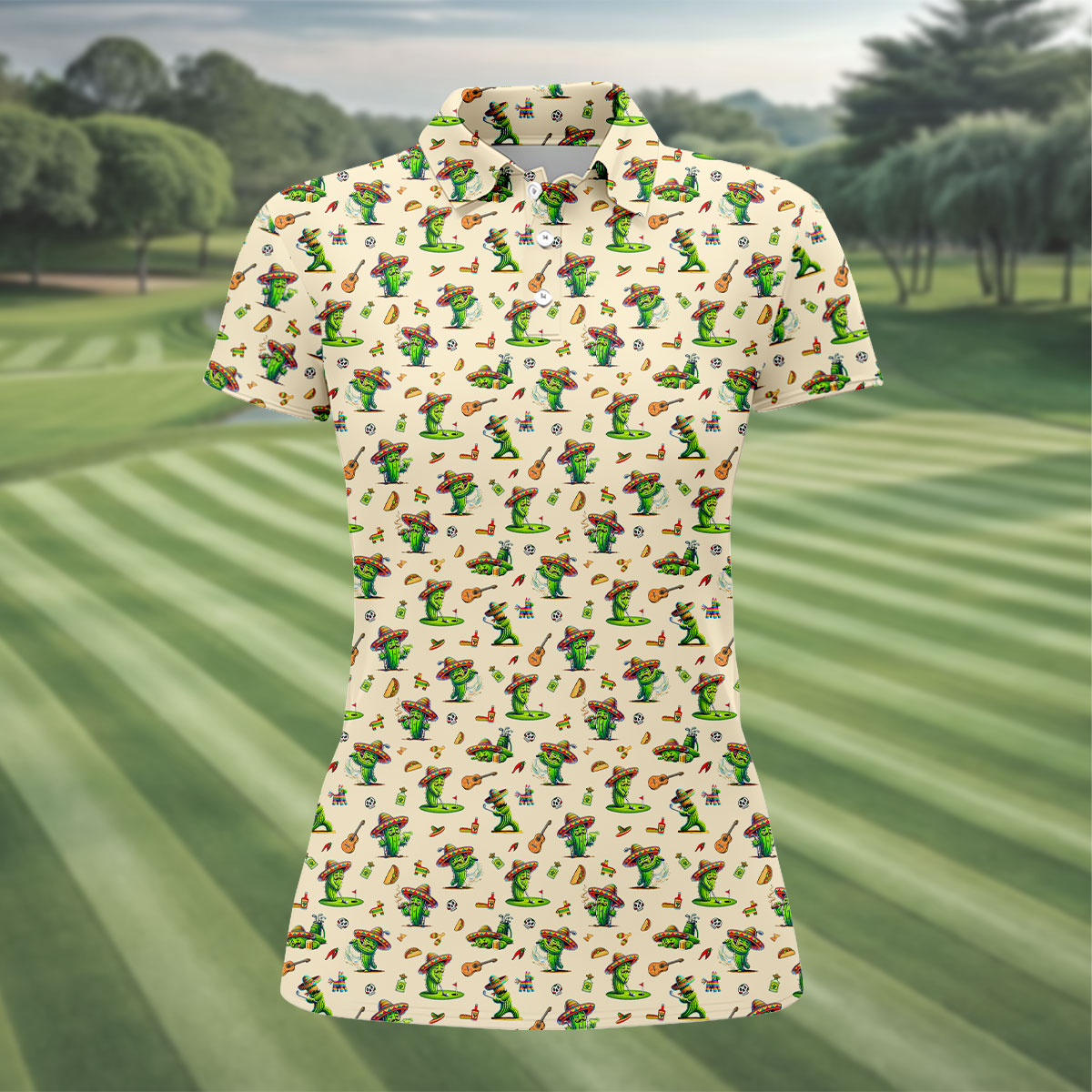 Cartoon Mustach Funny Cactus Cinco De Mayo Celebration Fiesta Themed Beige Golf Shirt For Women