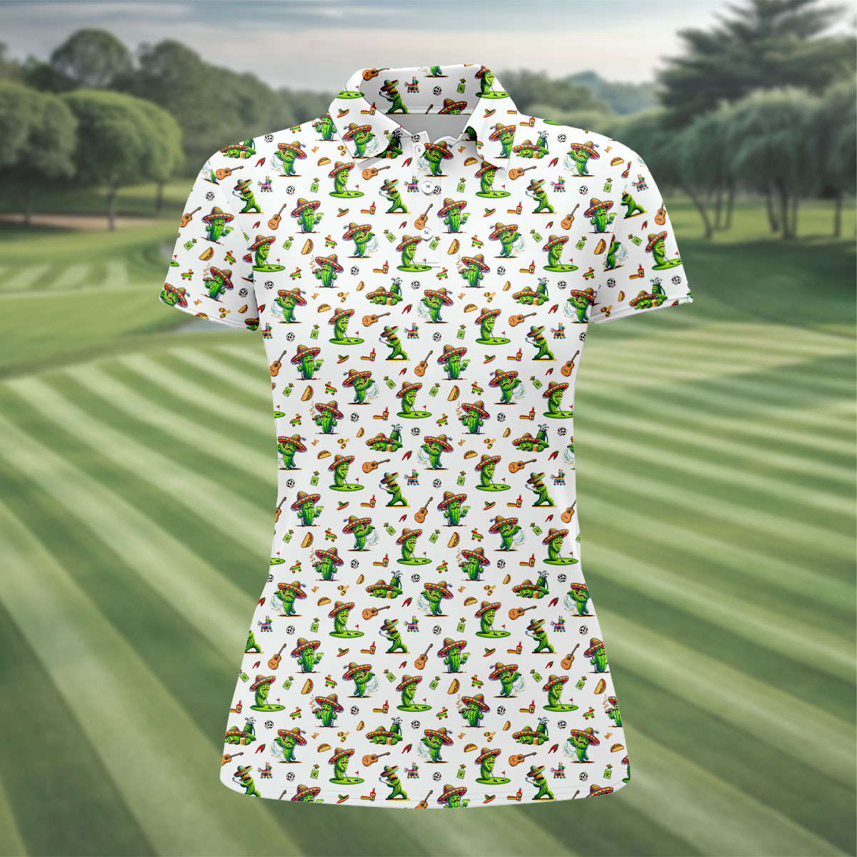 Cartoon Mustach Funny Cactus Cinco De Mayo Celebration Fiesta Themed White Golf Shirt For Women
