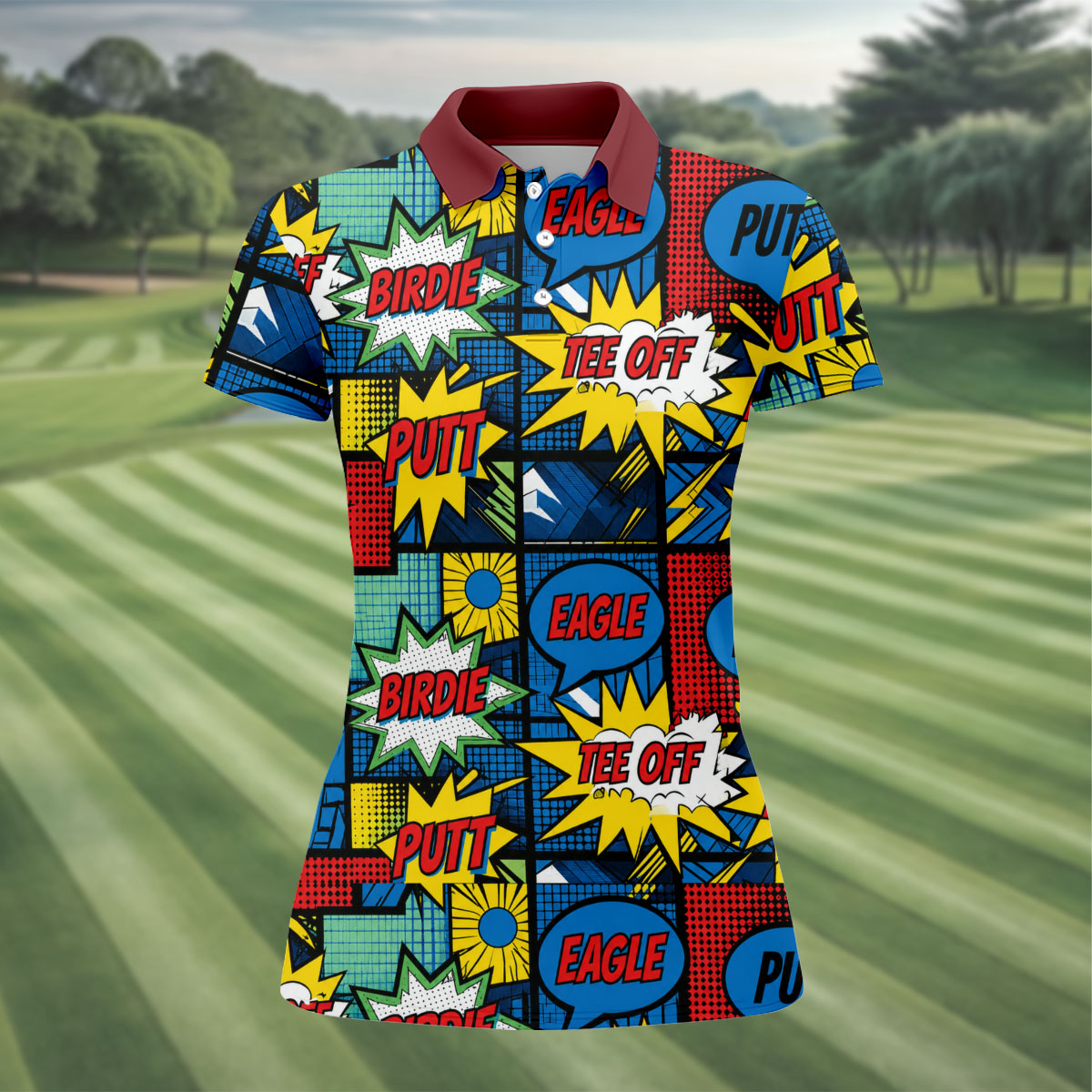Birdie Tee Off Putt Comic Golf Shirt, Women's Golf Tops, Golf Shirts For Women
