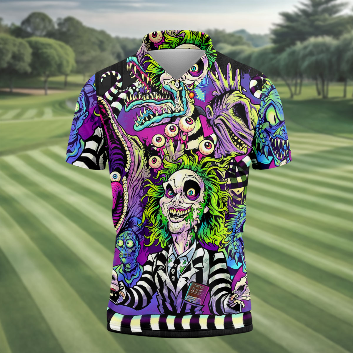 Neon Horror Character Monster Collage Golf Polo Shirt, Mens Polo Shirts, Golf Apparel For Men