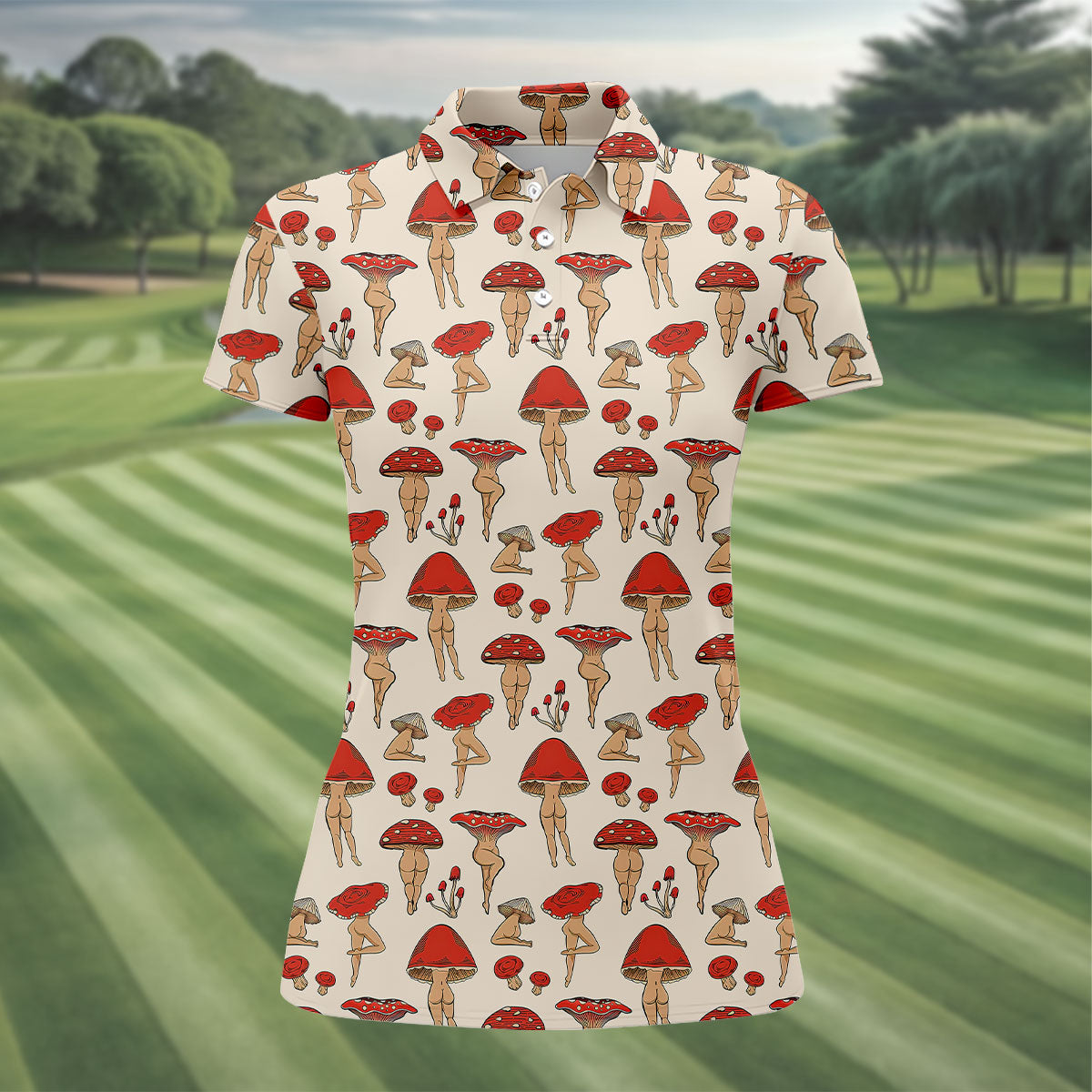 Vintage Mushroom Pin Up Pattern Hawaiian Golf Shirt, Ladies Golf Shirt, Women’s Golf Apparel