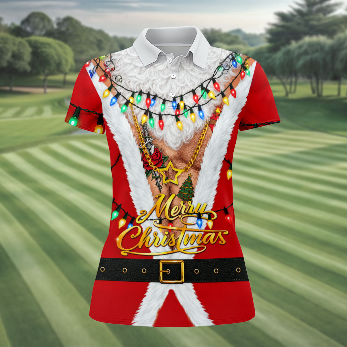 Merry Christmas Santa Lights Gold Chain Polo Shirt, Women’s Golf Polo, Golf Tops For Women