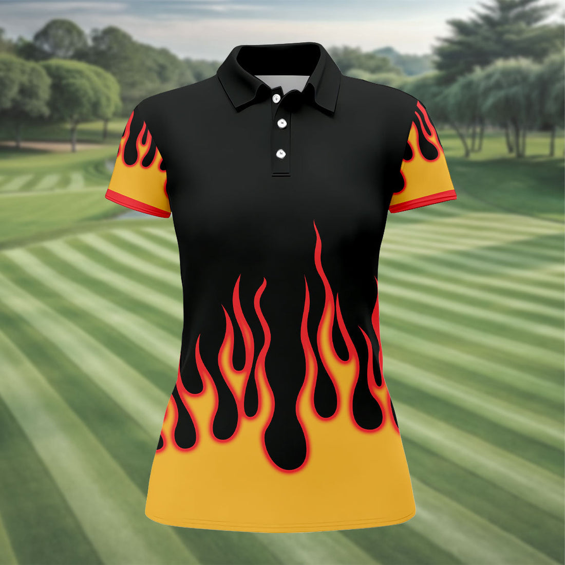 Retro Flame Fire Pattern Golf Shirt, Women's Golf Shirt, Hawaiian Golf Shirt