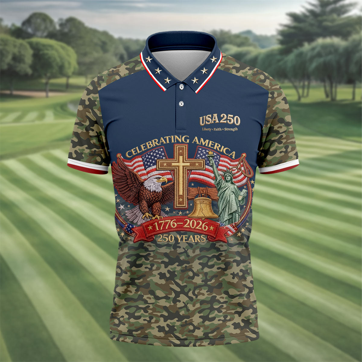 Liberty Faith Strength Faith Cross USA 250 Navy Camo Golf Shirt, 4th Of July Golf Shirts For Men