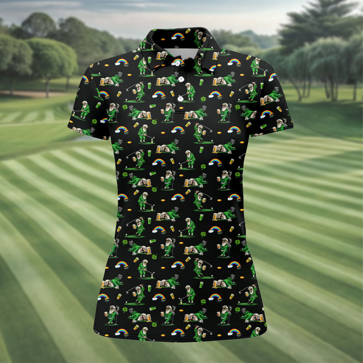 St Patrick's Day Leprechaun Character Golf And Beer Black Golf Shirt, Fun Women's Golf Shirts, Ladies Golf Polos