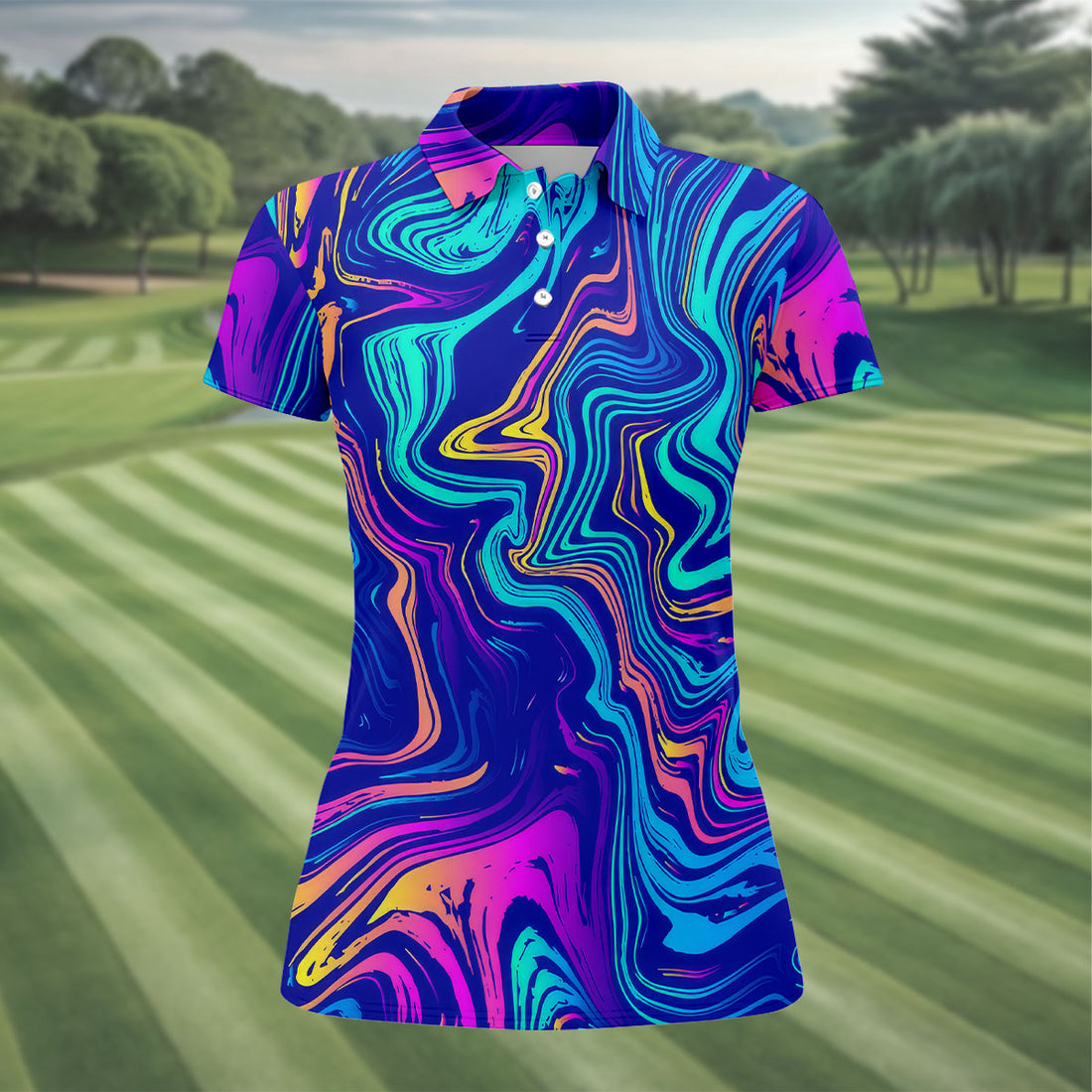 Vibrant Abstract Liquid Pattern Golf Shirt, Hawaiian Golf Shirt, Ladies Golf Tops, Performance Golf Shirt,