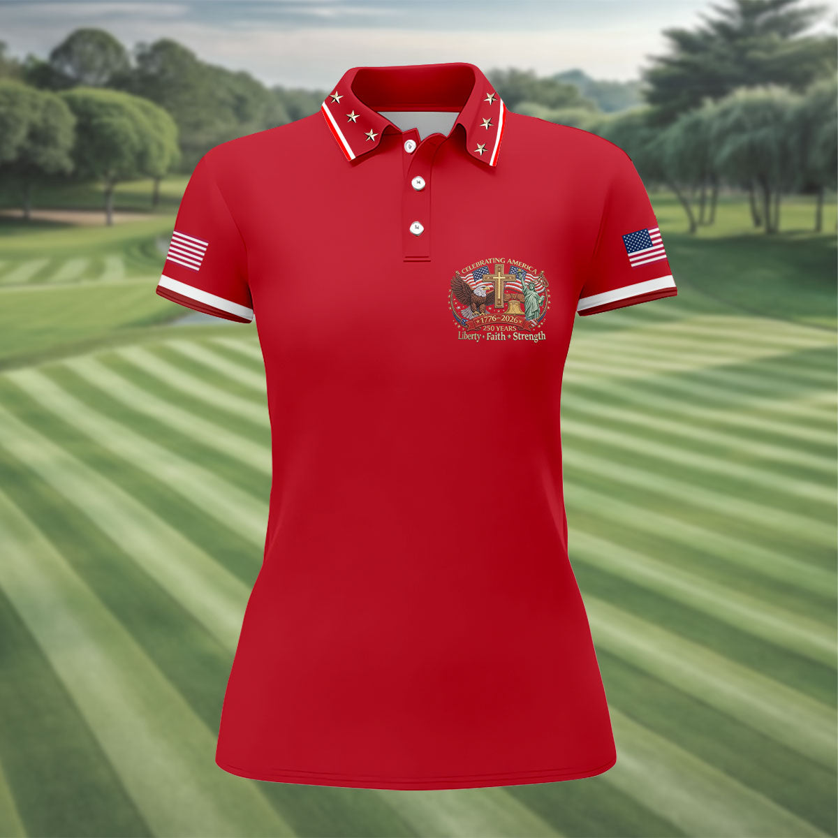 Liberty Faith Strength Faith Cross USA 250 Red Golf Shirt, 4th Of July Golf Shirt For Women
