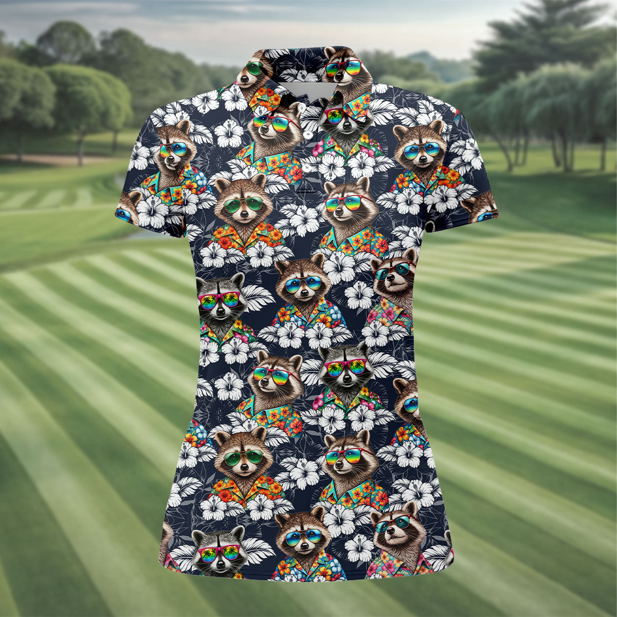 Cool Raccoons in Rainbow Sunglasses Hawaiian Golf Polo, Golf Tops For Women, Golfing Apparel