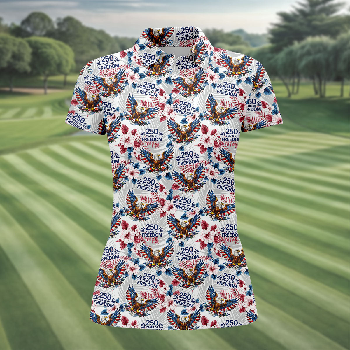 250 Years Of Freedom US Bald Eagle Tropical Theme Ladies Golf Shirts, Patriotic 4th Of July Golf Shirt For Women