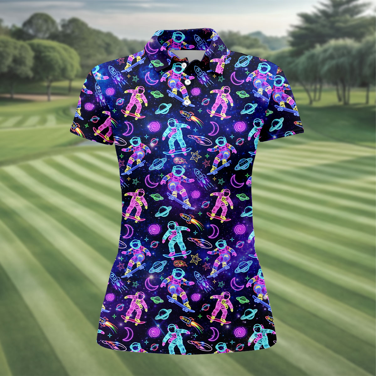 Neon Astronaut Skateboarding Galaxy Polo Shirt, Women’s Golf Polo, Golf Shirts For Women, Printed Golf Shirt