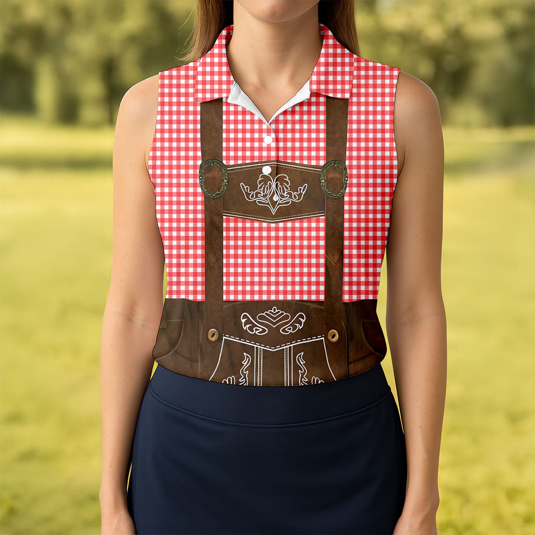 Women's Red Oktoberfest Lederhosen Illusion Sleeveless Golf Polo, Golf Shirts For Women, Women's Golf Apparel