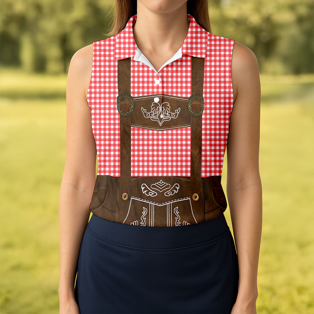 Women's Red Oktoberfest Lederhosen Illusion Sleeveless Golf Polo, Golf Shirts For Women, Women's Golf Apparel