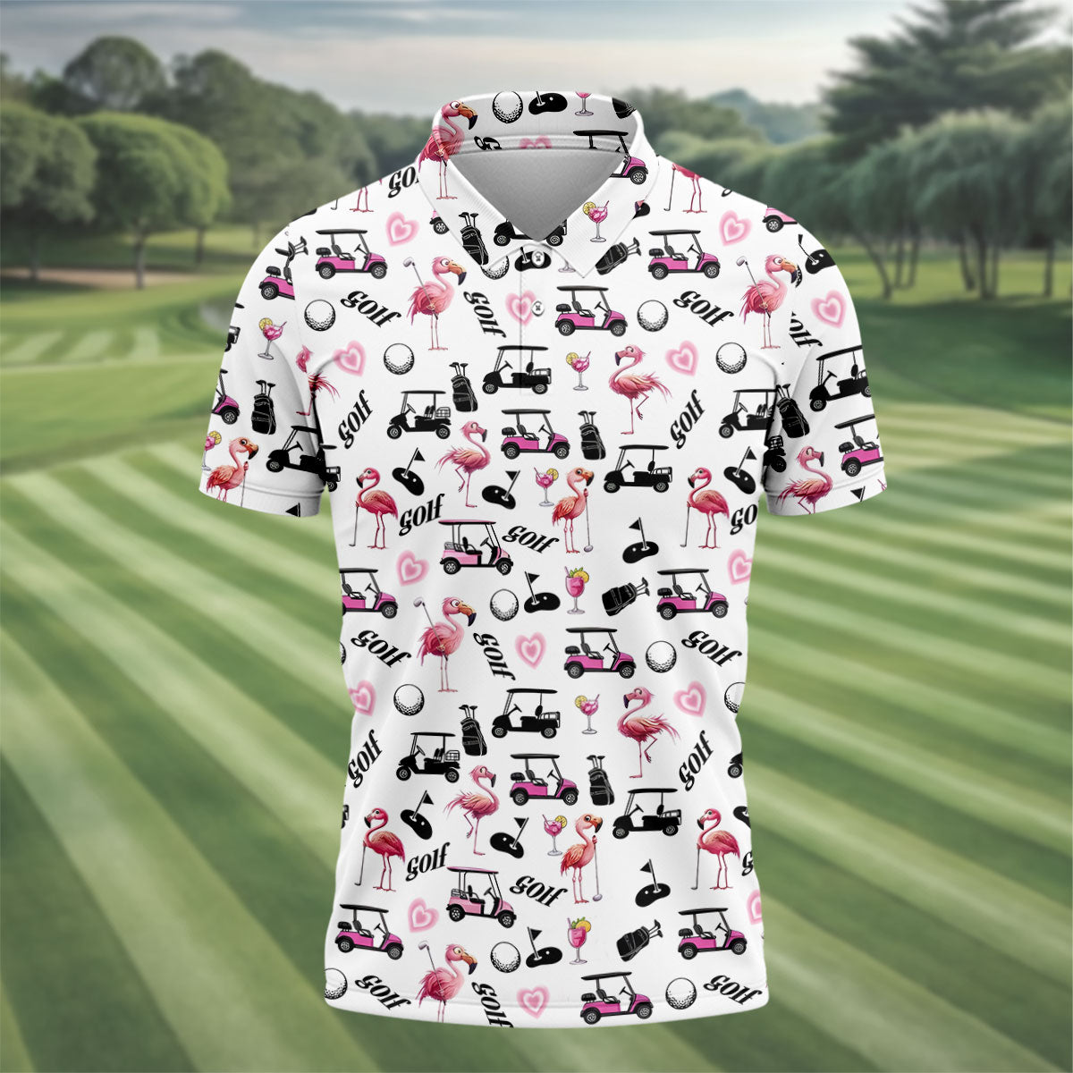 Pink Flamingo Golf Cart Martini Hawaiian Golf Shirt, Mens Golf Polo, Printed Golf Shirts