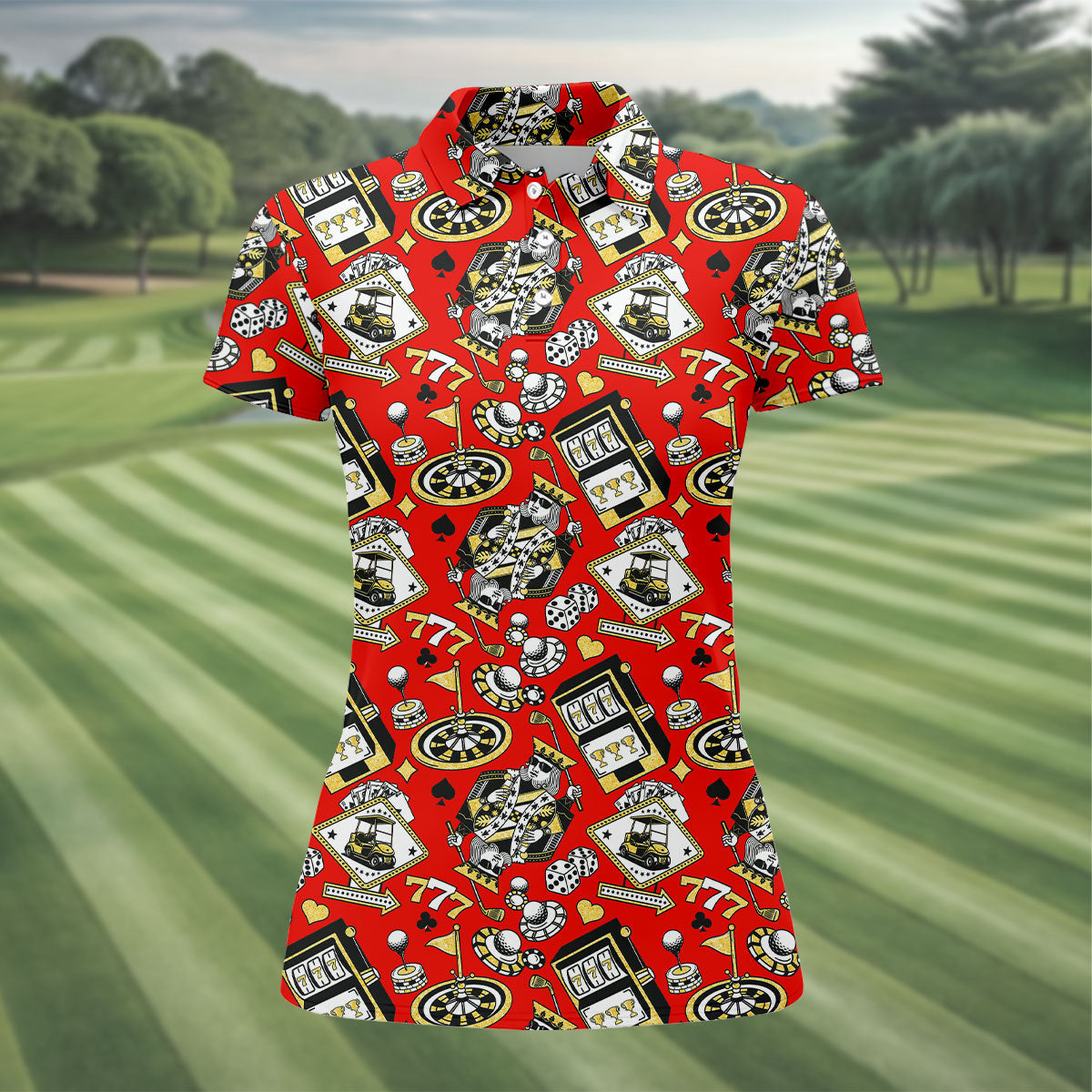 Casino Golf Pattern Red Hawaiian Golf Polo Shirt, Ladies Golf Shirt, Women's Golf Apparel