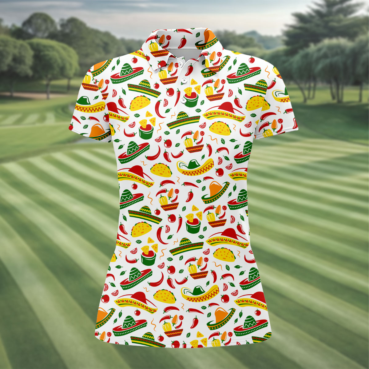 Mexican Fiesta Seamless Pattern Ladies Golf Tops, Cinco De Mayo Celebration Golf Shirt For Women