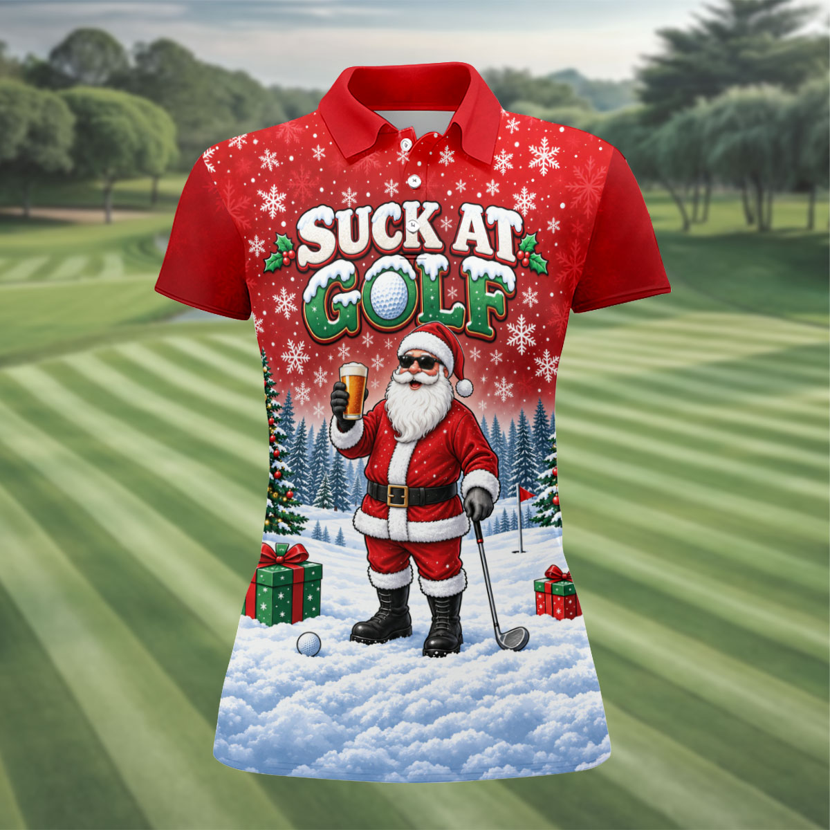 Suck At Golf Santa Beer Christmas Golf Shirt, Ladies Golf Shirts, Golf Tops For Women