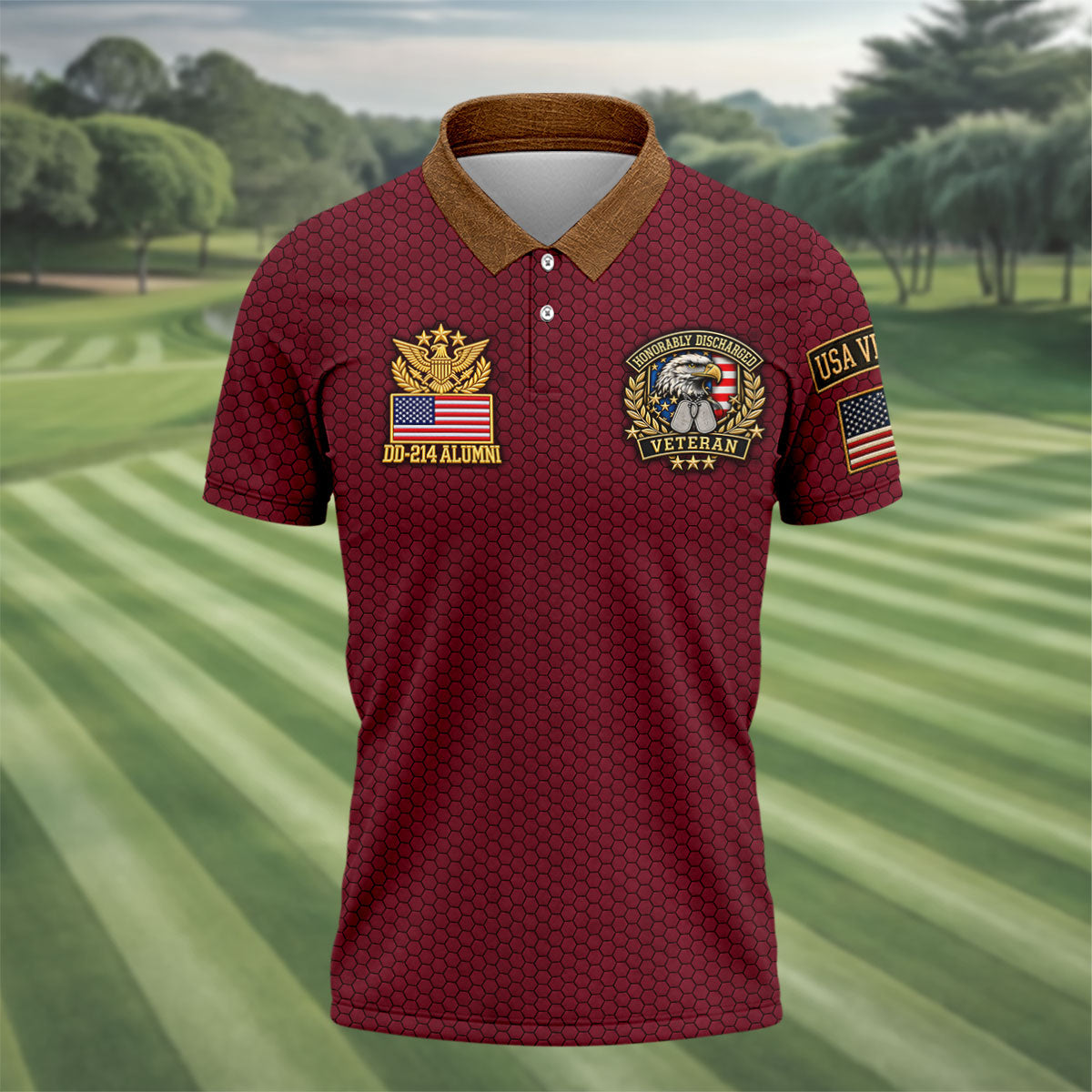 DD-214 Burgundy Honeycomb Veteran Polo Shirt, Veterans Day Shirt, Golf Shirts For Men