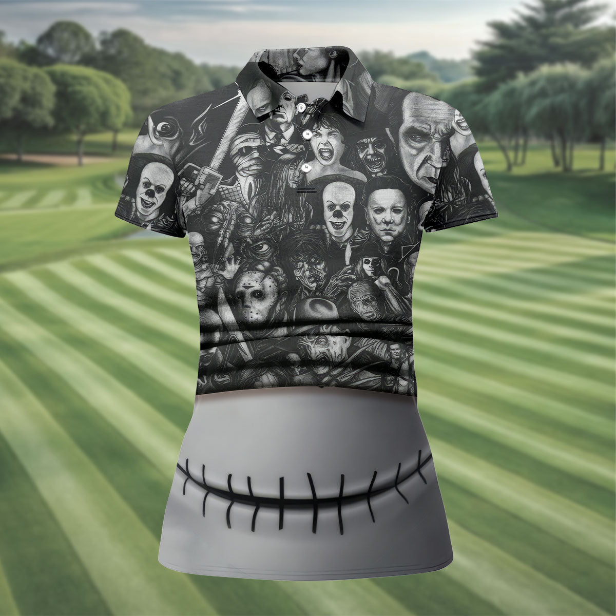 Stitched Skull Horror Character Halloween Polo Shirt, Women's Golf Tops, Ladies Golf Top