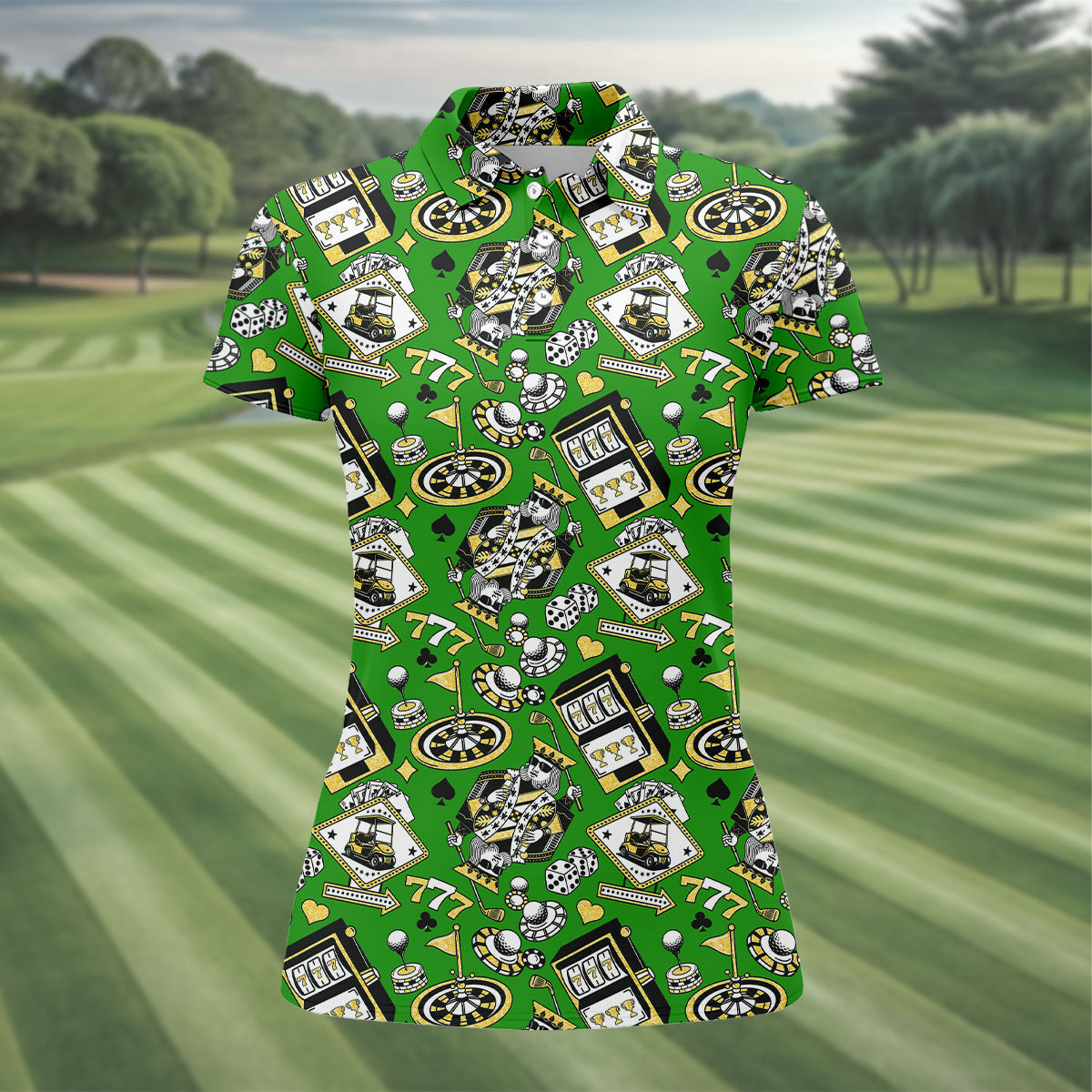 Casino Golf Pattern Green Hawaiian Golf Polo Shirt, Ladies Golf Shirt, Women's Golf Apparel