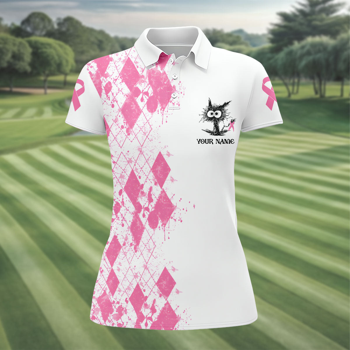 Custom Im Fine Everything Is Fine Breast Cancer Polo Shirt, Womens Golf Tops, Ladies Golf Tops