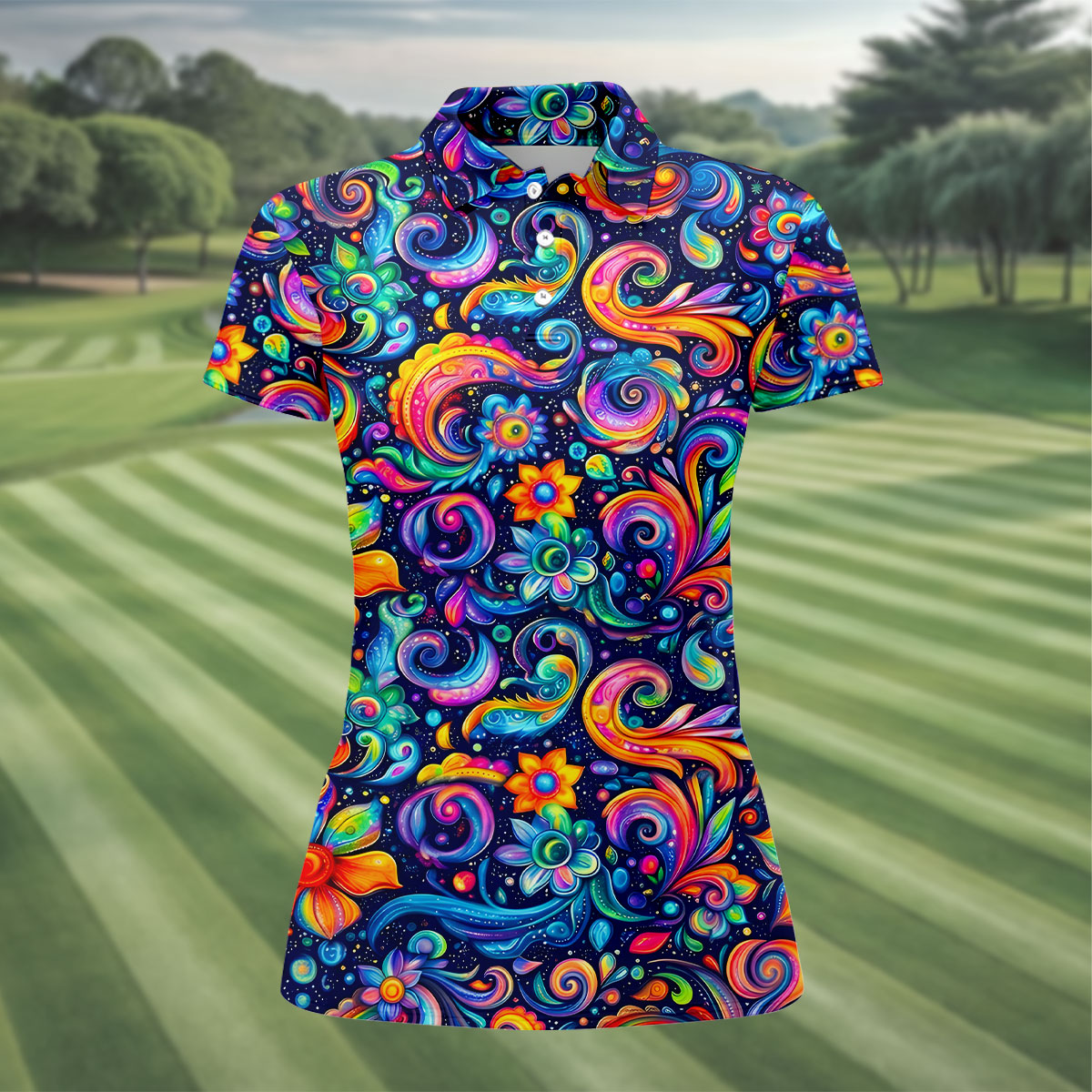 Colorful Psychedelic Swirl Floral Hawaiian Golf Shirt, Women’s Golf Tops, Printed Golf Shirt