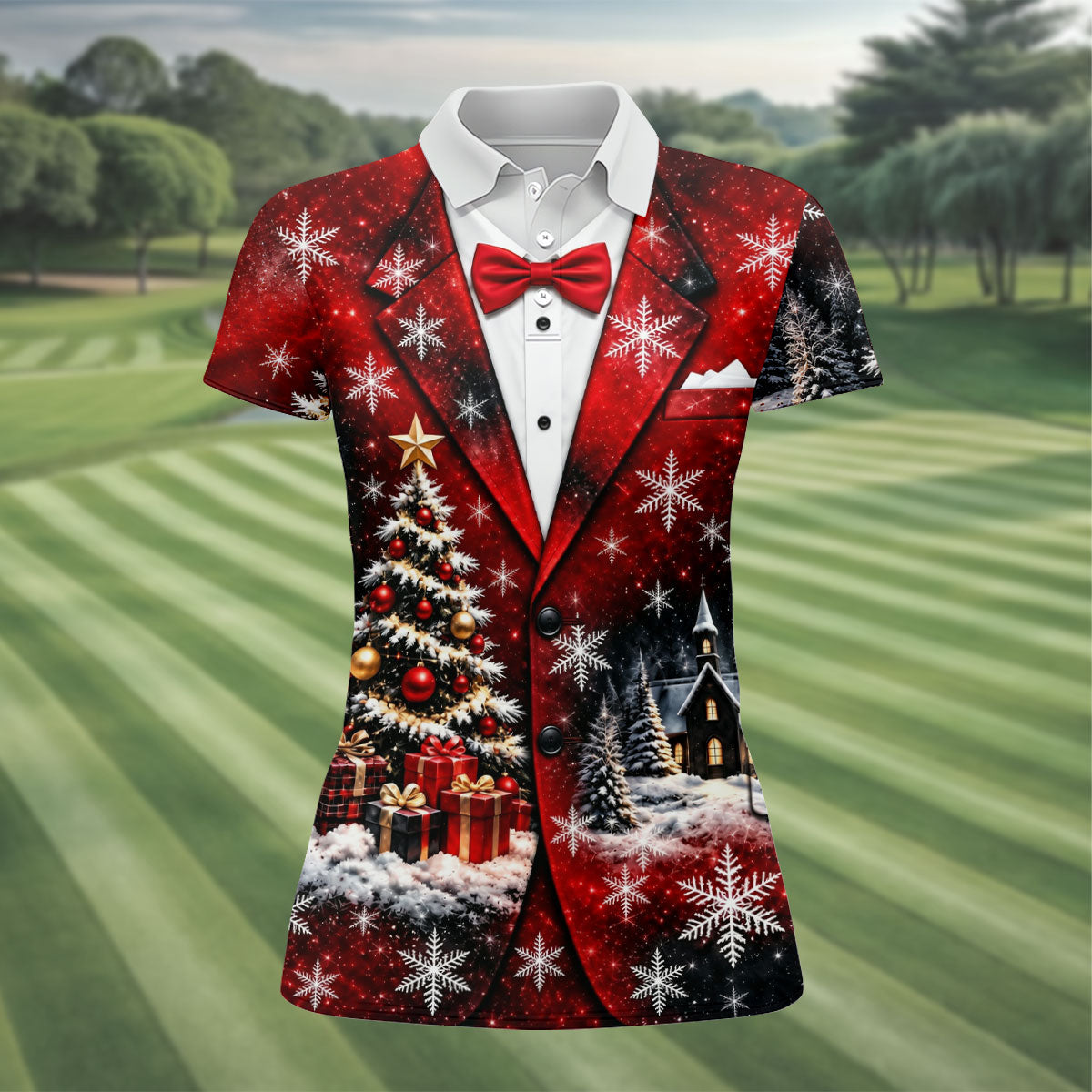 Tuxedo Tree Snowflakes Christmas Golf Shirt, Ladies Golf Shirts, Golf Tops For Women