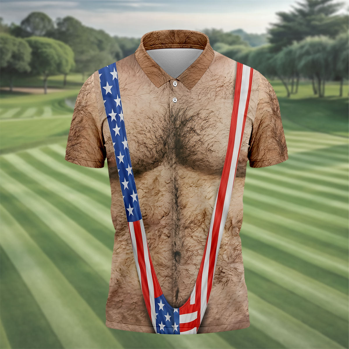Hairy Body Funny Print Patriotic Golf Shirt, 250th Anniversary 4th Of July Golf Shirts For Men